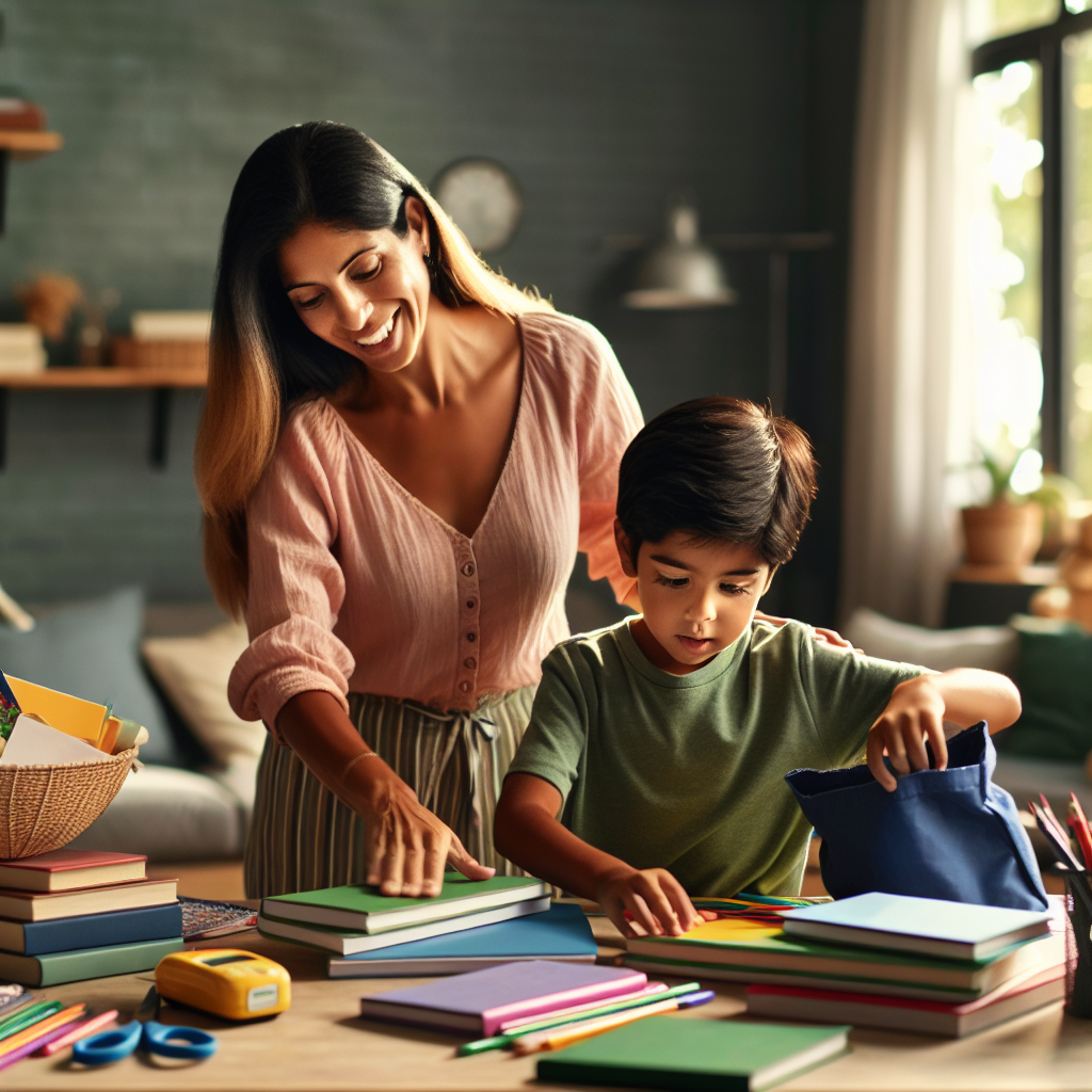 Parent and child organizing school supplies at home