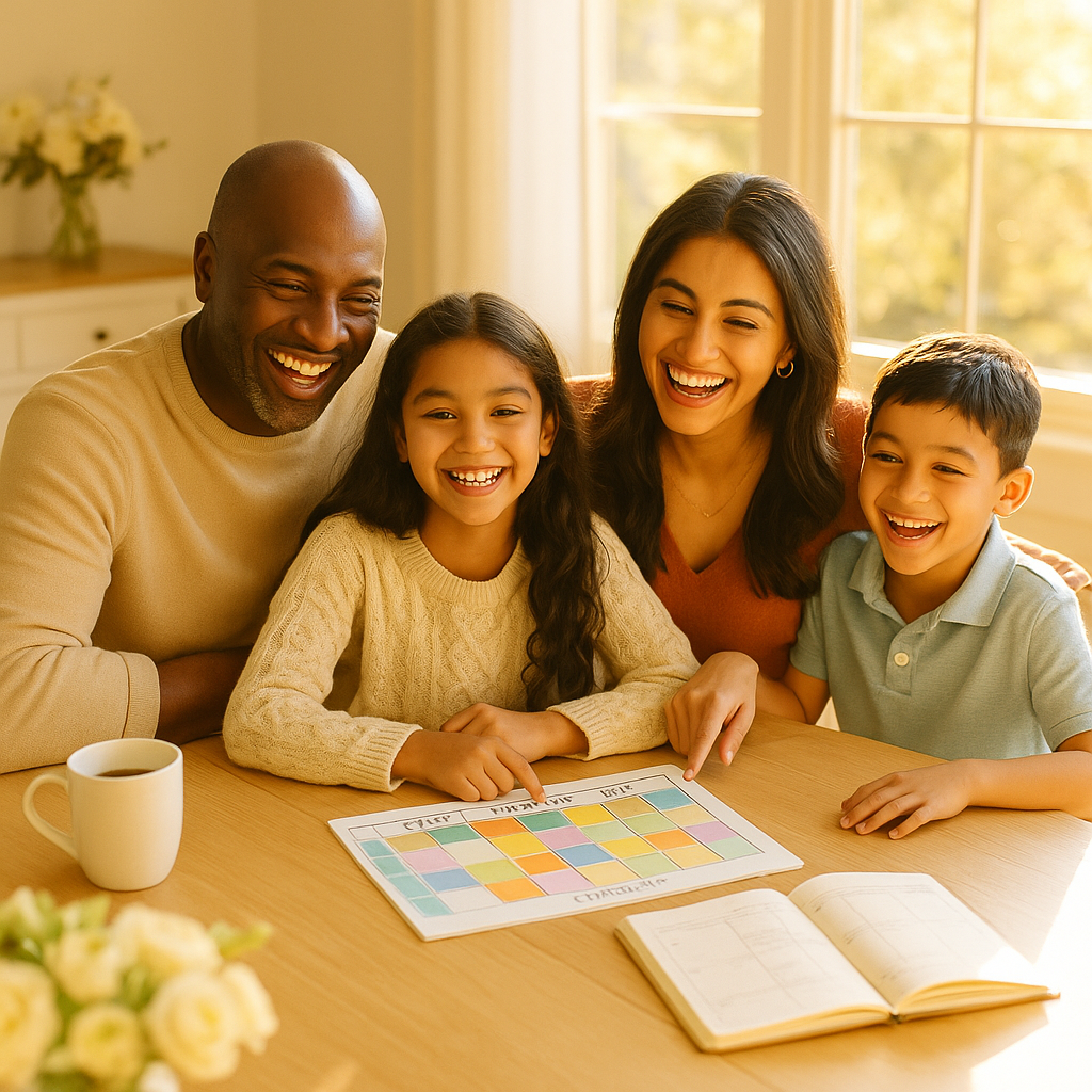 A happy diverse family at a bright dining table reviewing a colorful weekly planner with their elementary-age child — golden morning light, organized homeschool workspace