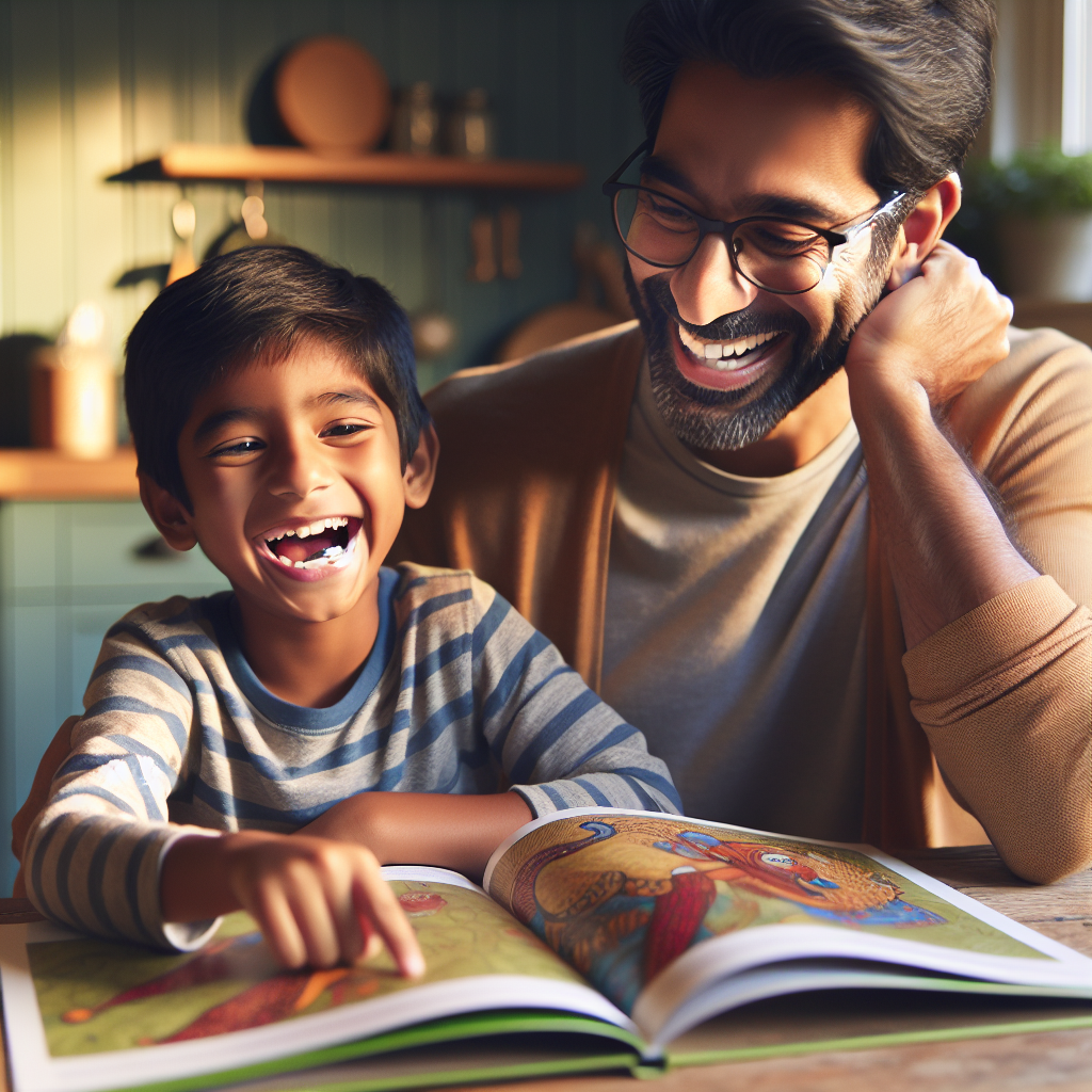 Parent and child laughing together over a colorful textbook at home