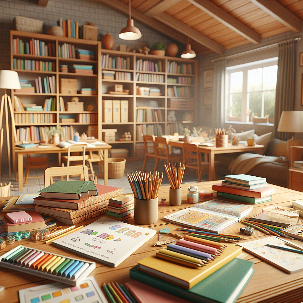 Colorful spread of educational books and curriculum materials on a wooden table