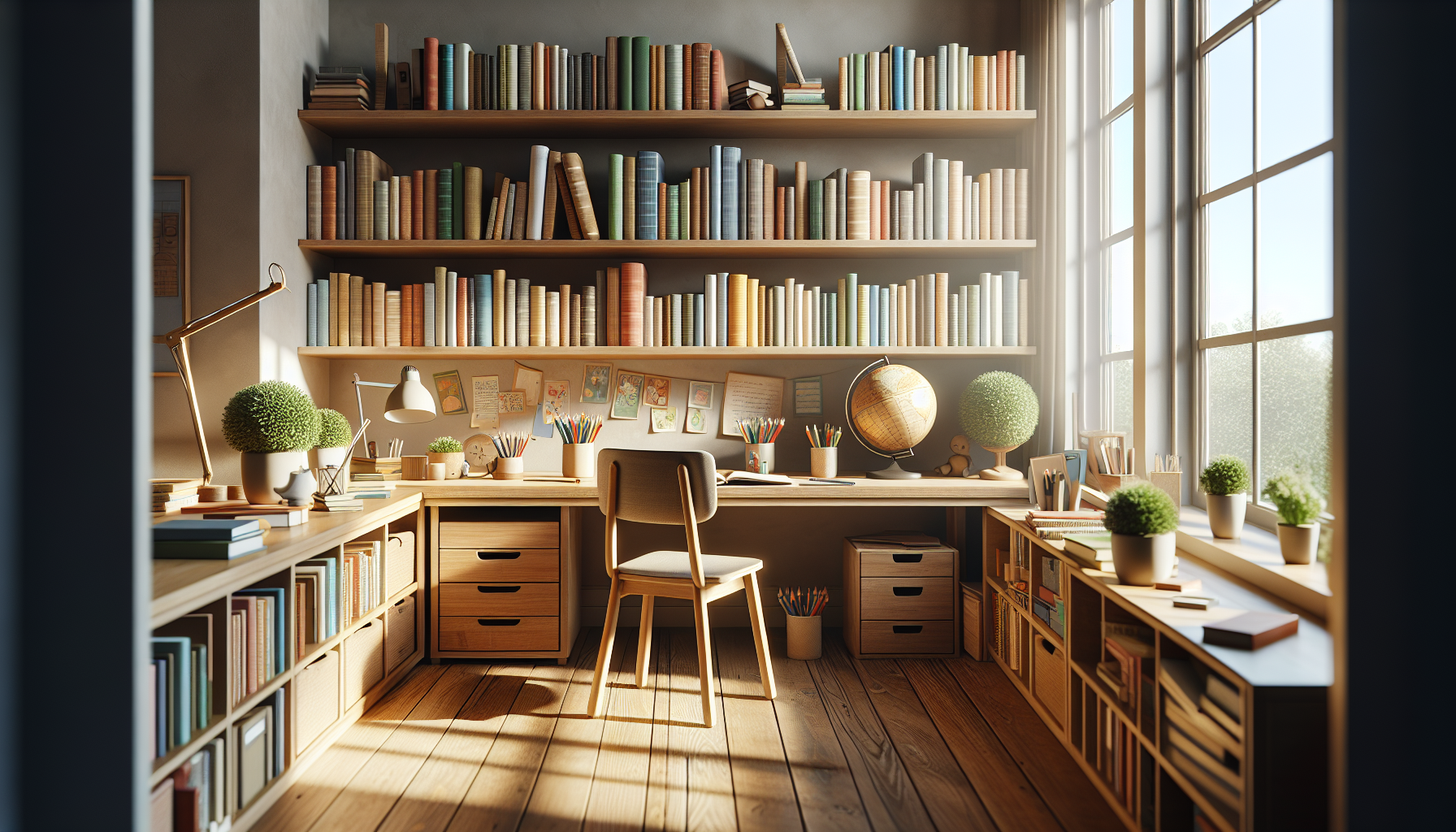 Bright beautifully organized home learning space with books and morning light