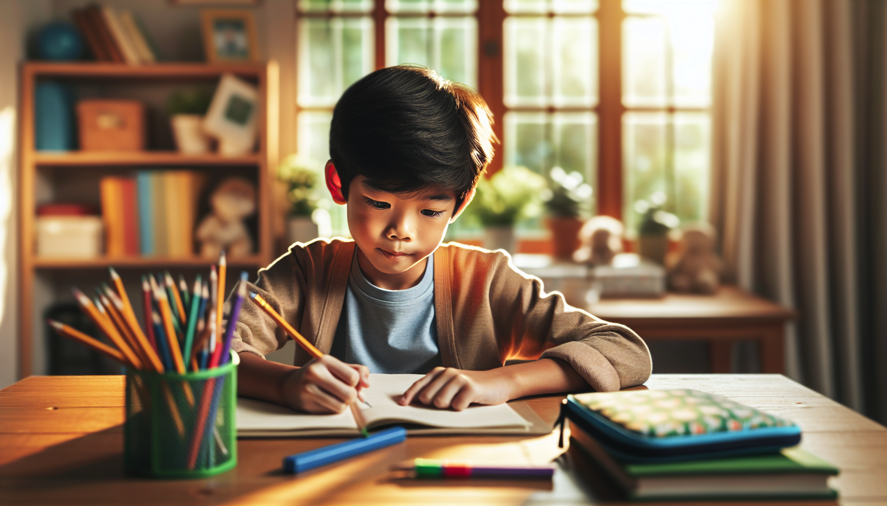 Child focused and writing in a notebook at a bright home desk