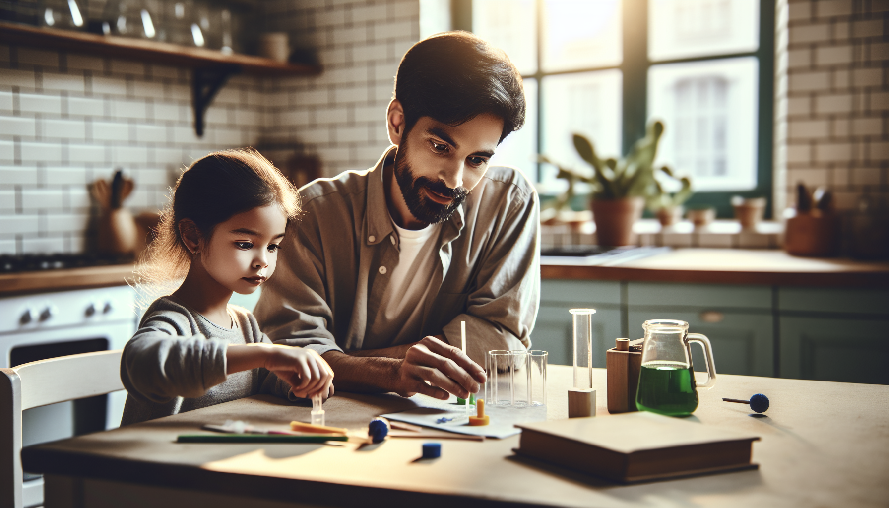 Parent and child doing a hands-on science experiment at the kitchen table
