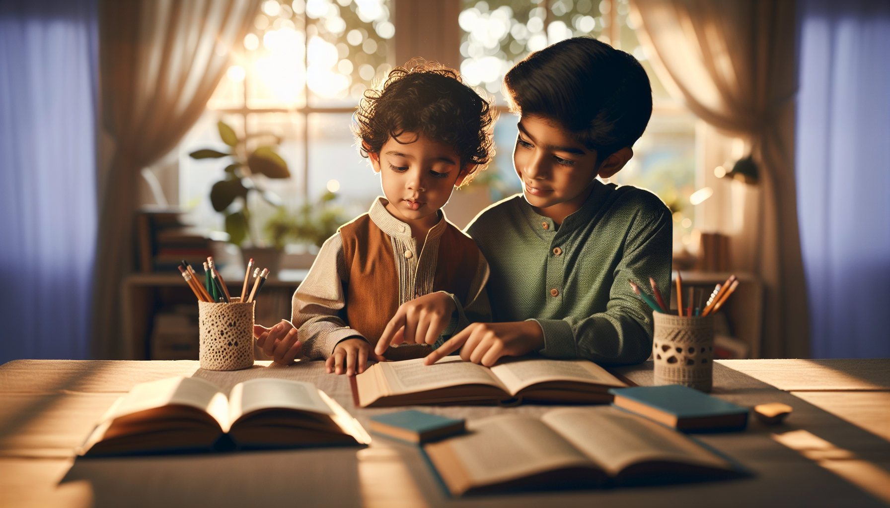 A parent and child sitting together at a bright home table reviewing homeschool materials, warm natural light, genuine connection