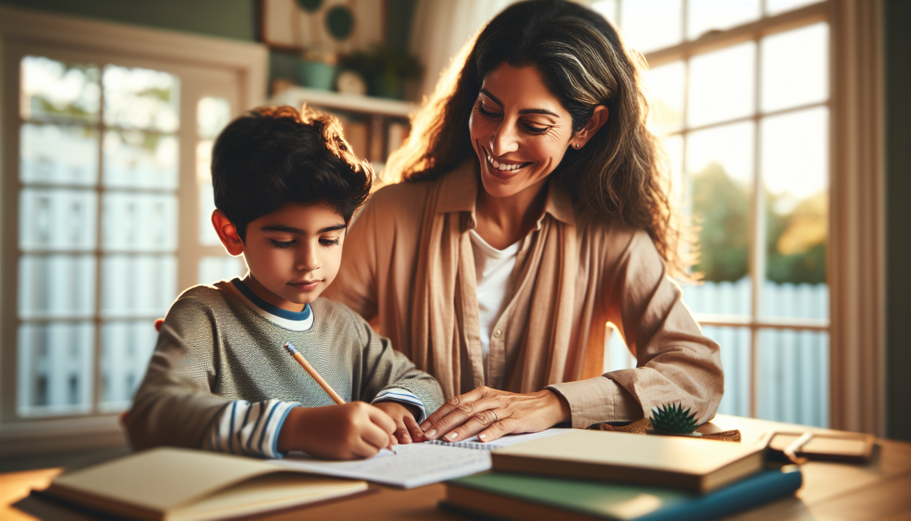 A parent and school-age child working together with focus and warmth at a bright home table, books open, morning light