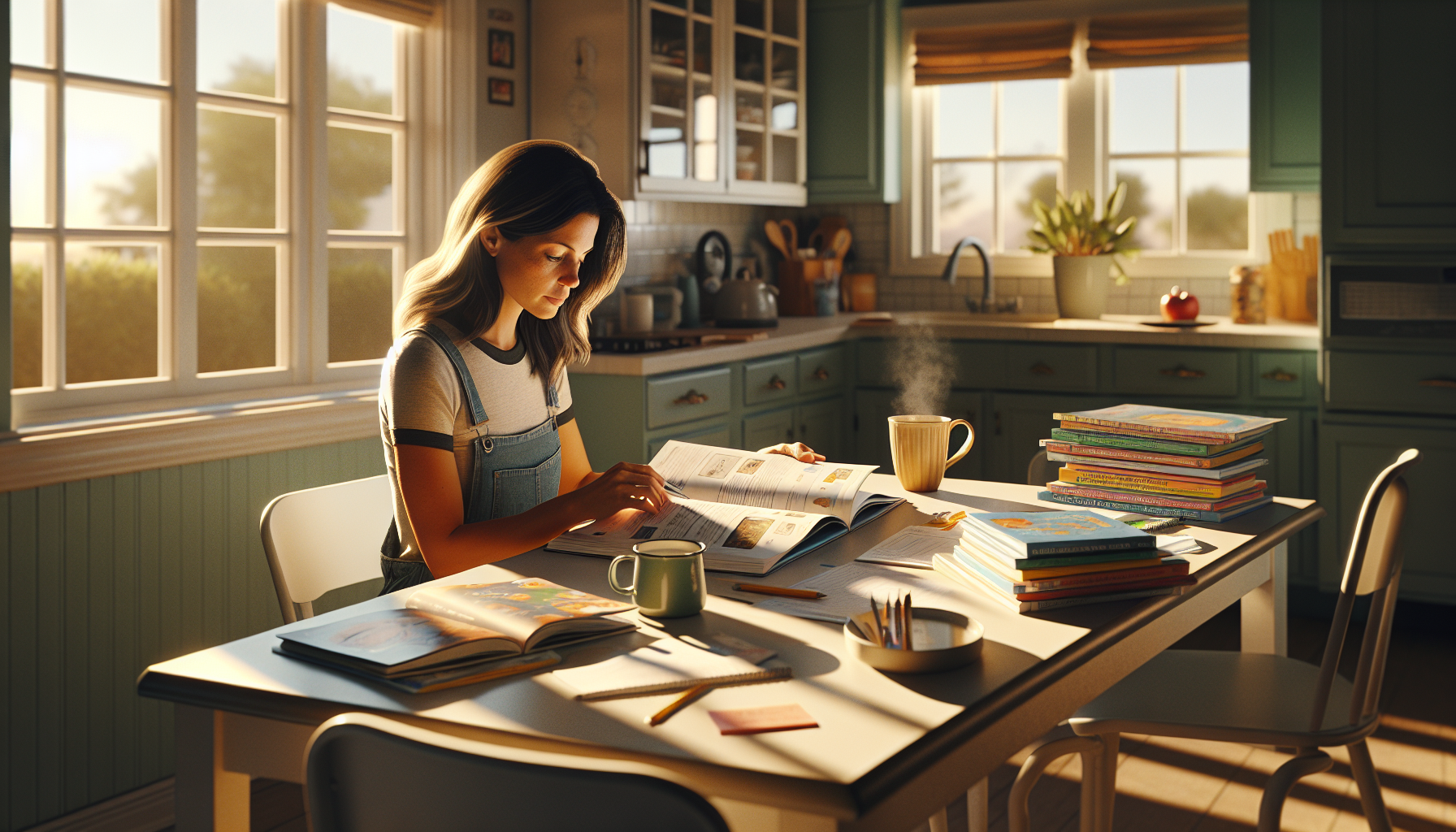 A parent reviewing homeschool curriculum materials at a bright kitchen table with organized books and supplies, warm morning light