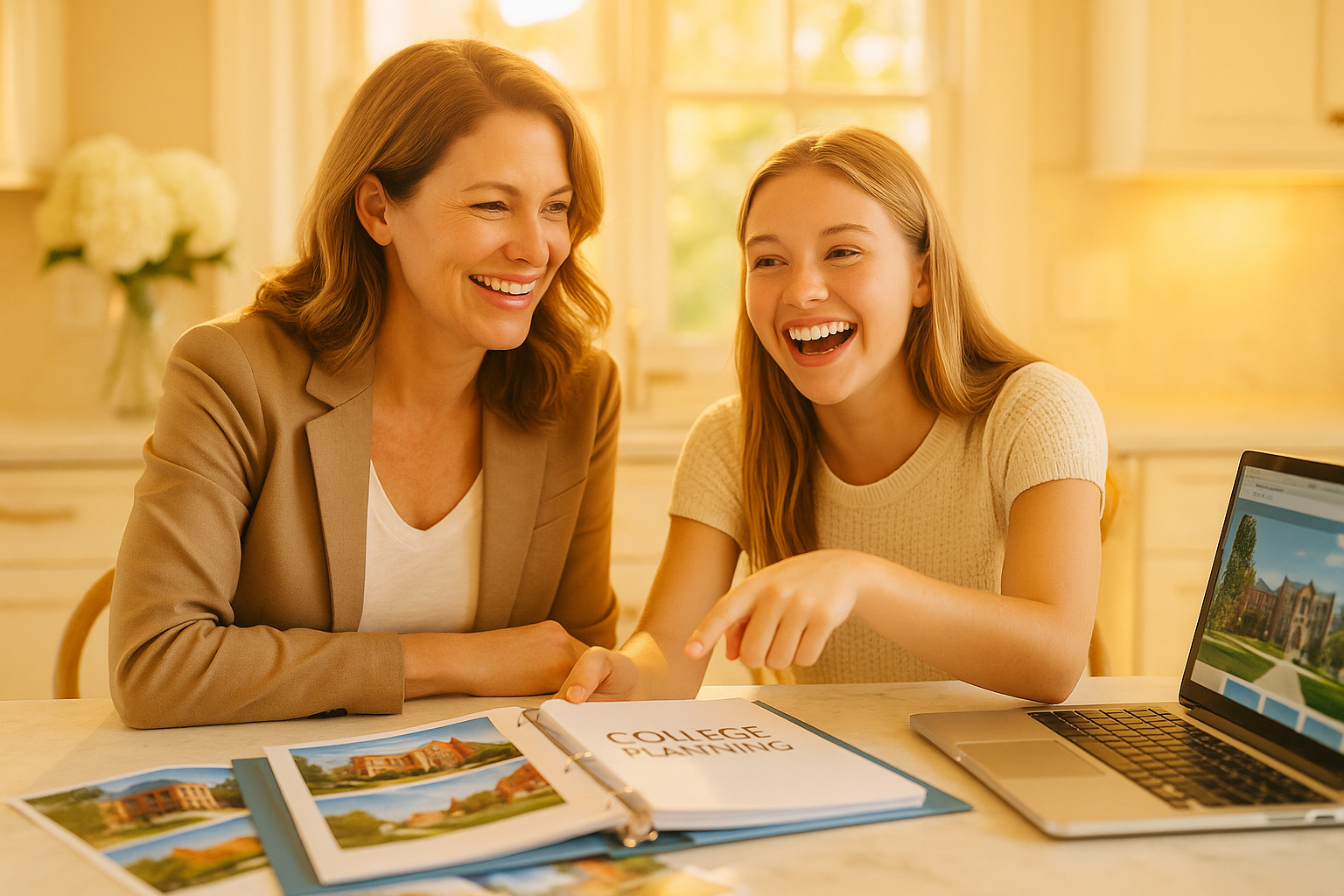 A mother and teenage daughter reviewing college brochures and a planning binder together at a bright kitchen table, both smiling with excitement and purpose