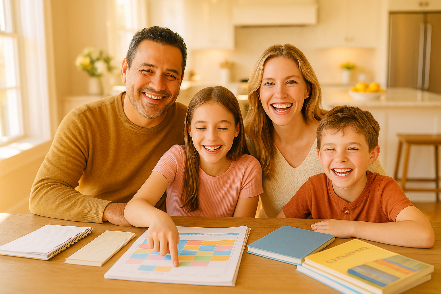 A happy diverse family at a bright dining table — parents reviewing a colorful weekly planner with their elementary-age child, golden morning light, organized homeschool workspace