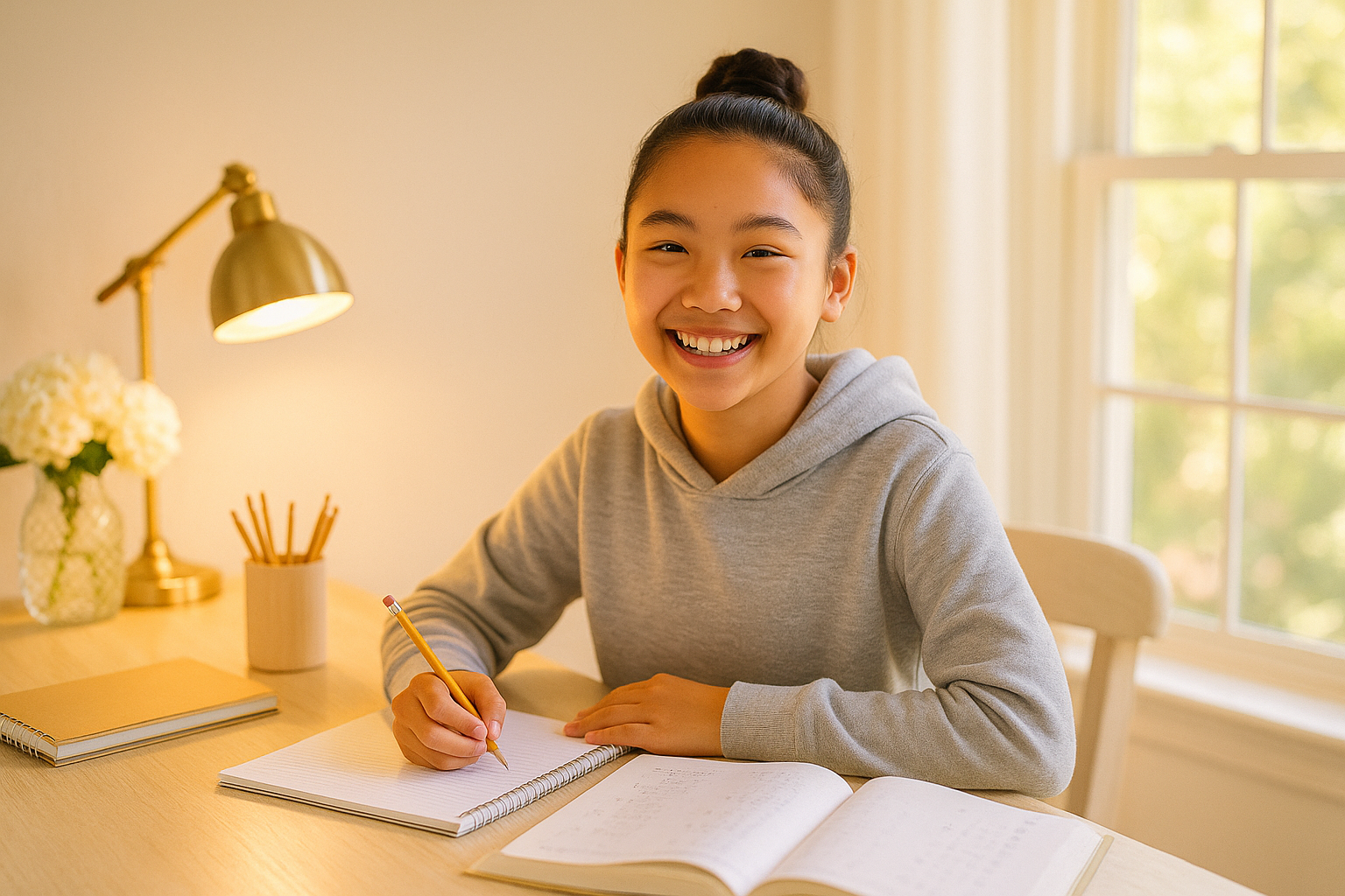 A focused middle schooler at a bright home desk, working through math problems with a satisfied expression and neat notebook — organized workspace with textbooks, calculator, and a colorful schedule poster on the wall