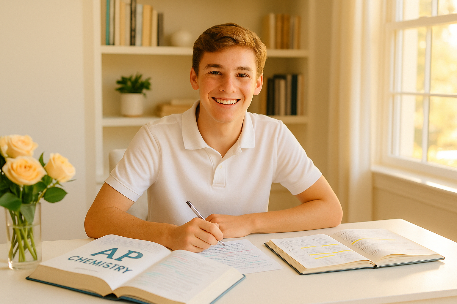 A high school student working at a bright home desk with an open AP textbook, a neat color-coded planner, and college planning materials — focused and self-directed, warm afternoon light