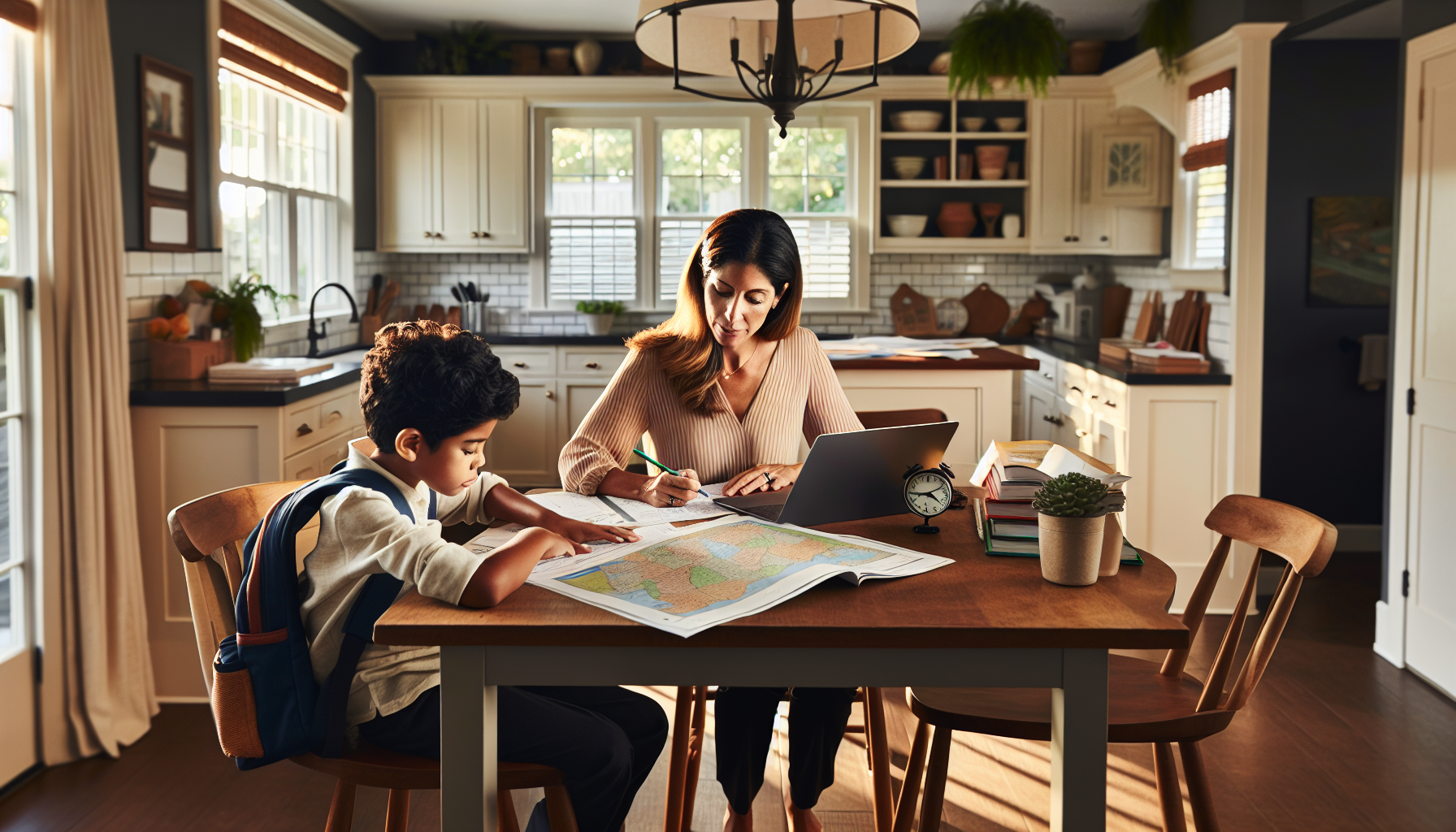 Parent at kitchen table with laptop reviewing homeschool documents with child nearby