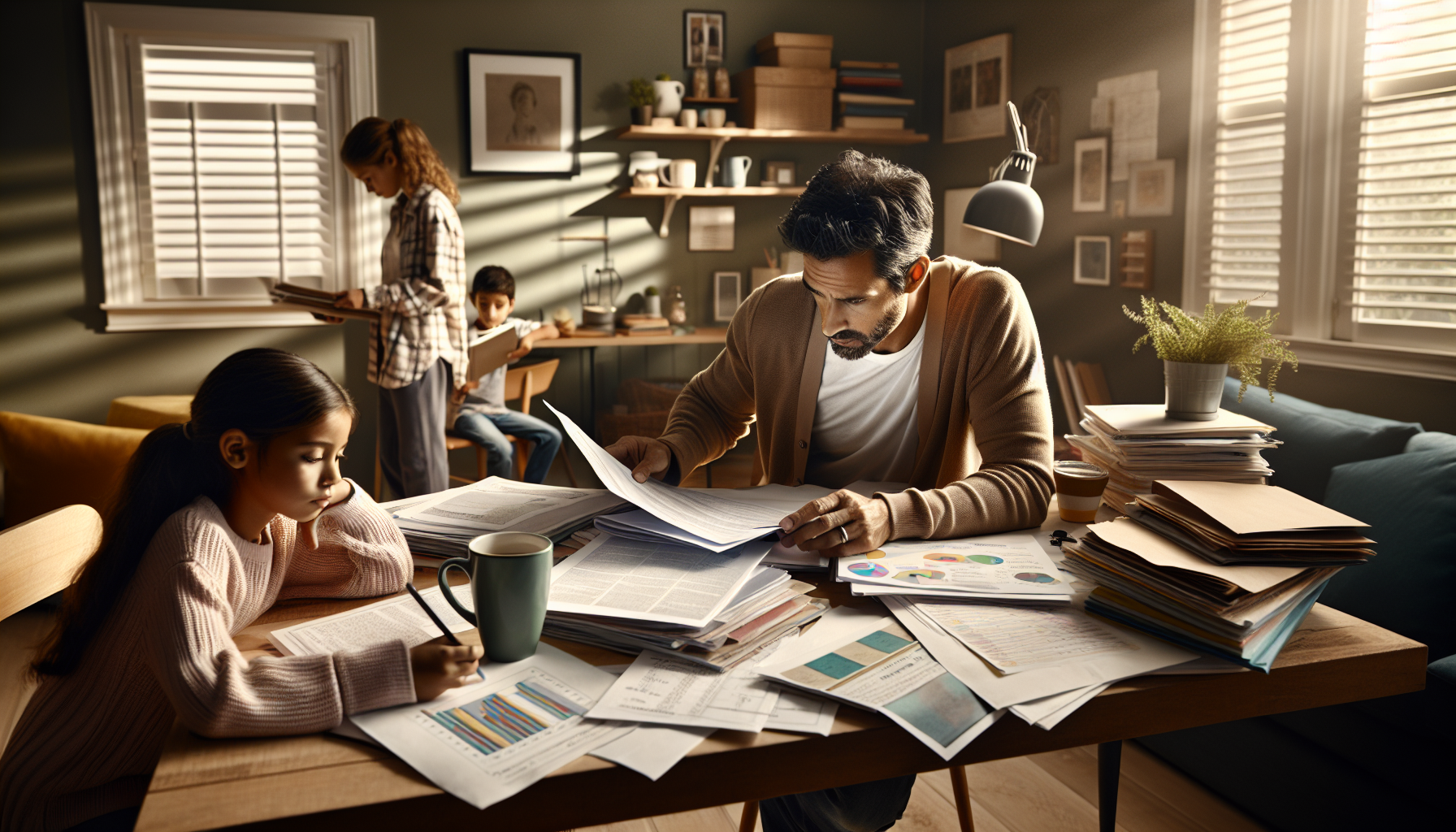 Parent carefully reviewing educational paperwork at a clean home desk