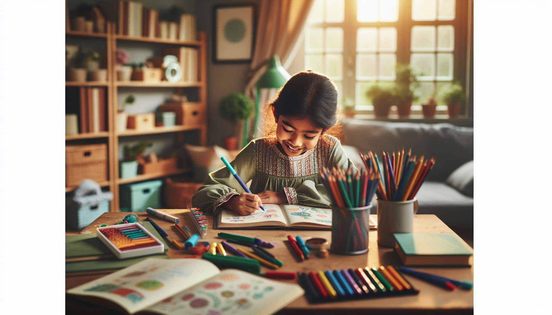 Child happily drawing and writing in a colorful notebook at a home study area