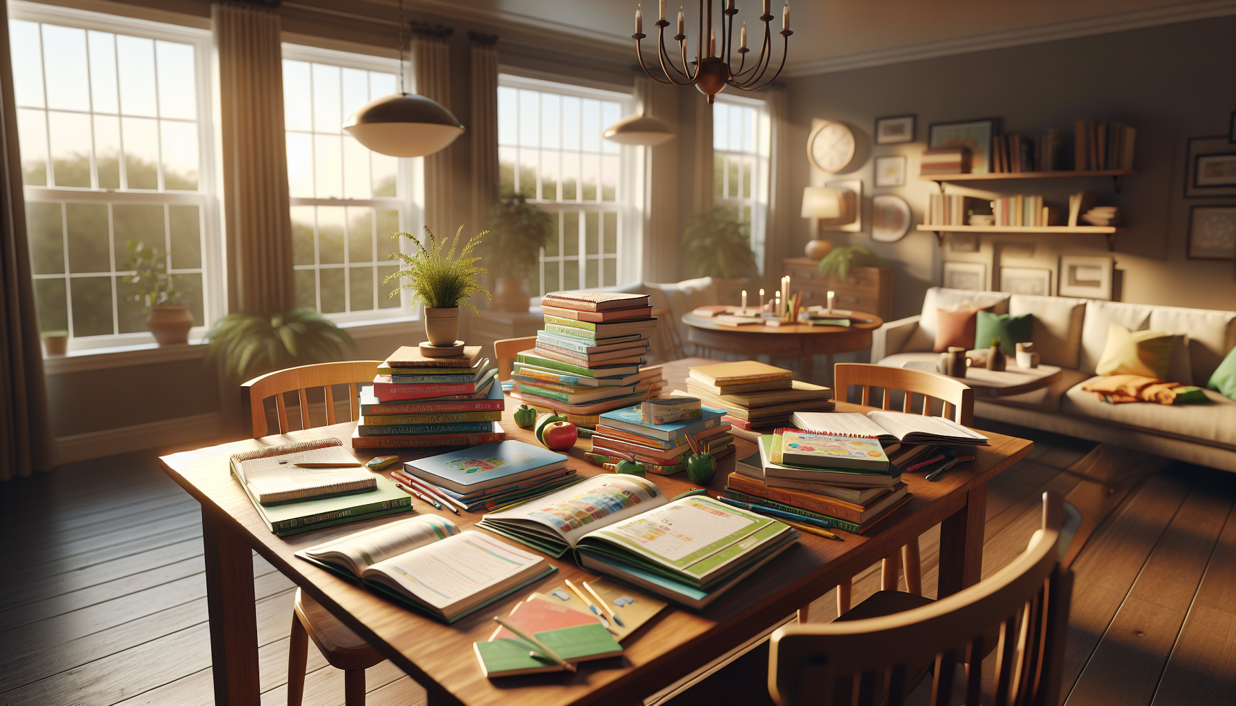 Colorful educational books and curriculum workbooks spread across a warm wooden table