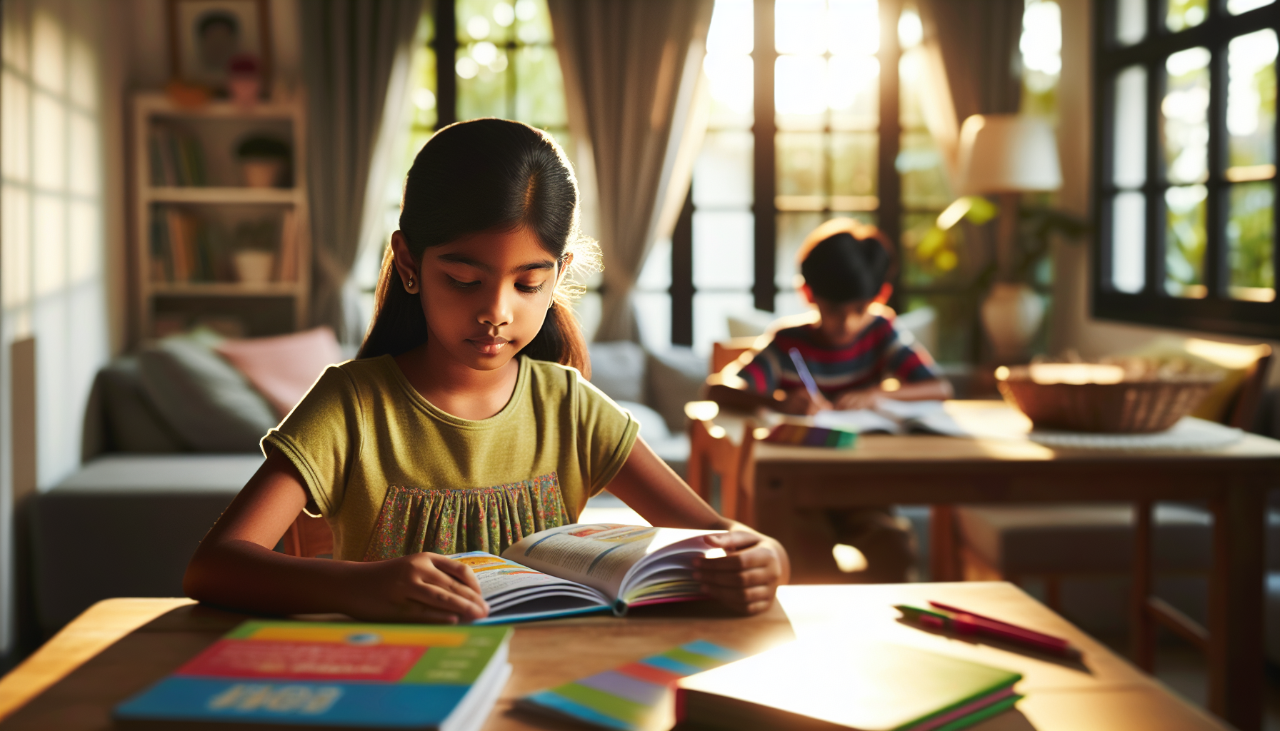 Child reading intently from a colorful educational textbook at a bright home table