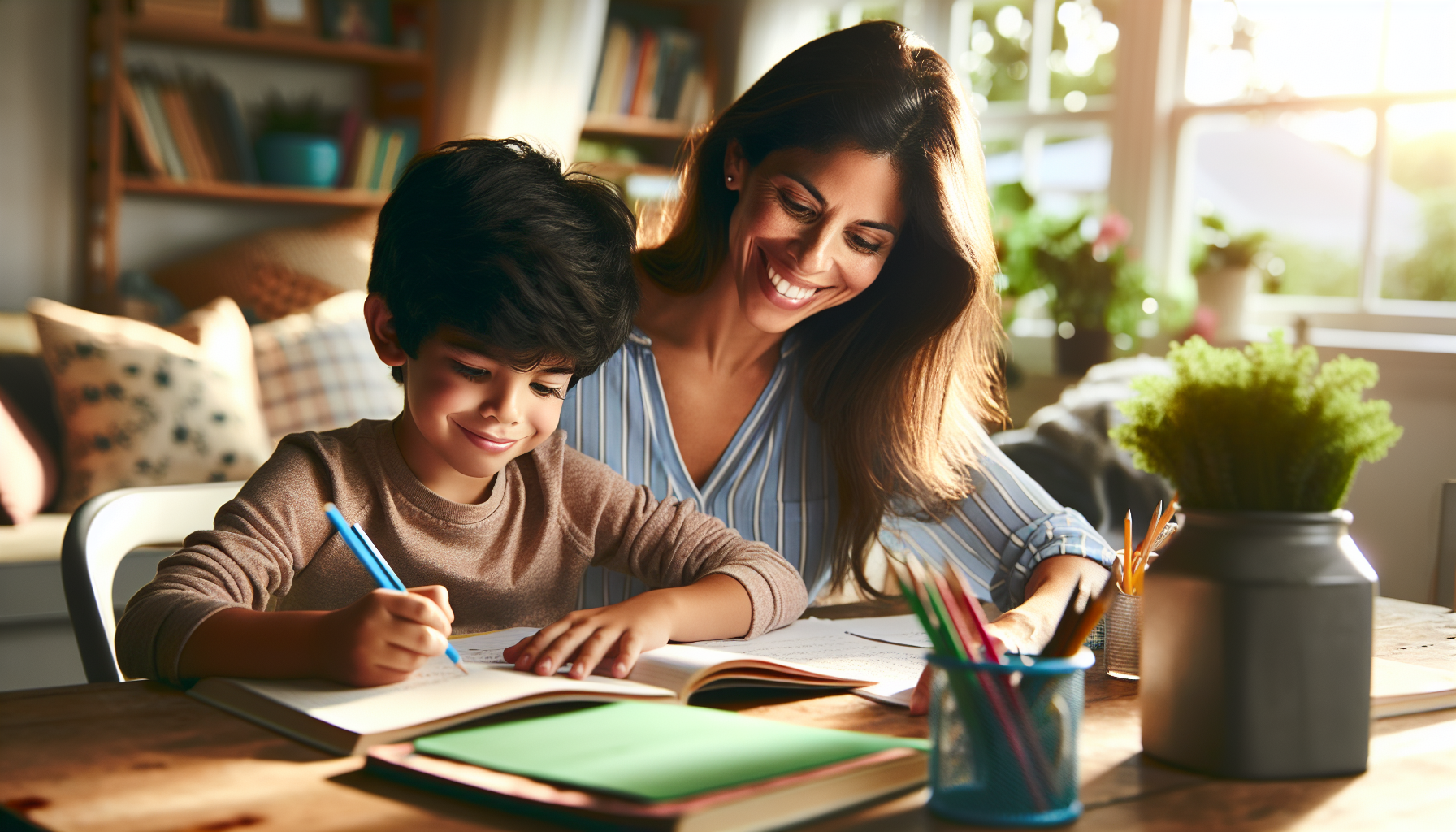 Parent and child sitting side by side at a home study table with warm smiles