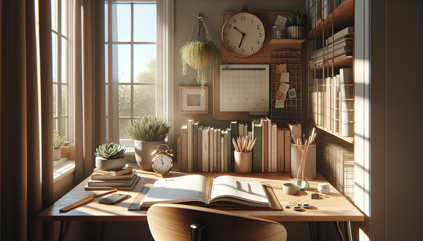 Bright home learning space with a wooden desk, open planner, books, and morning light