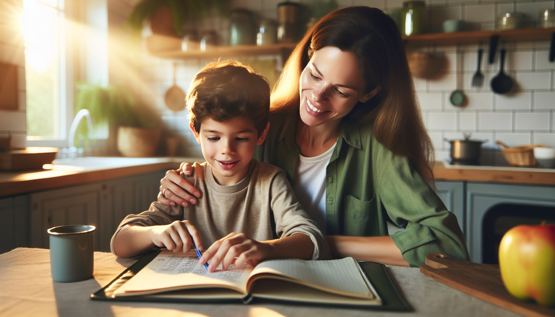 A child and parent reviewing a daily schedule written in a planner at a bright kitchen table