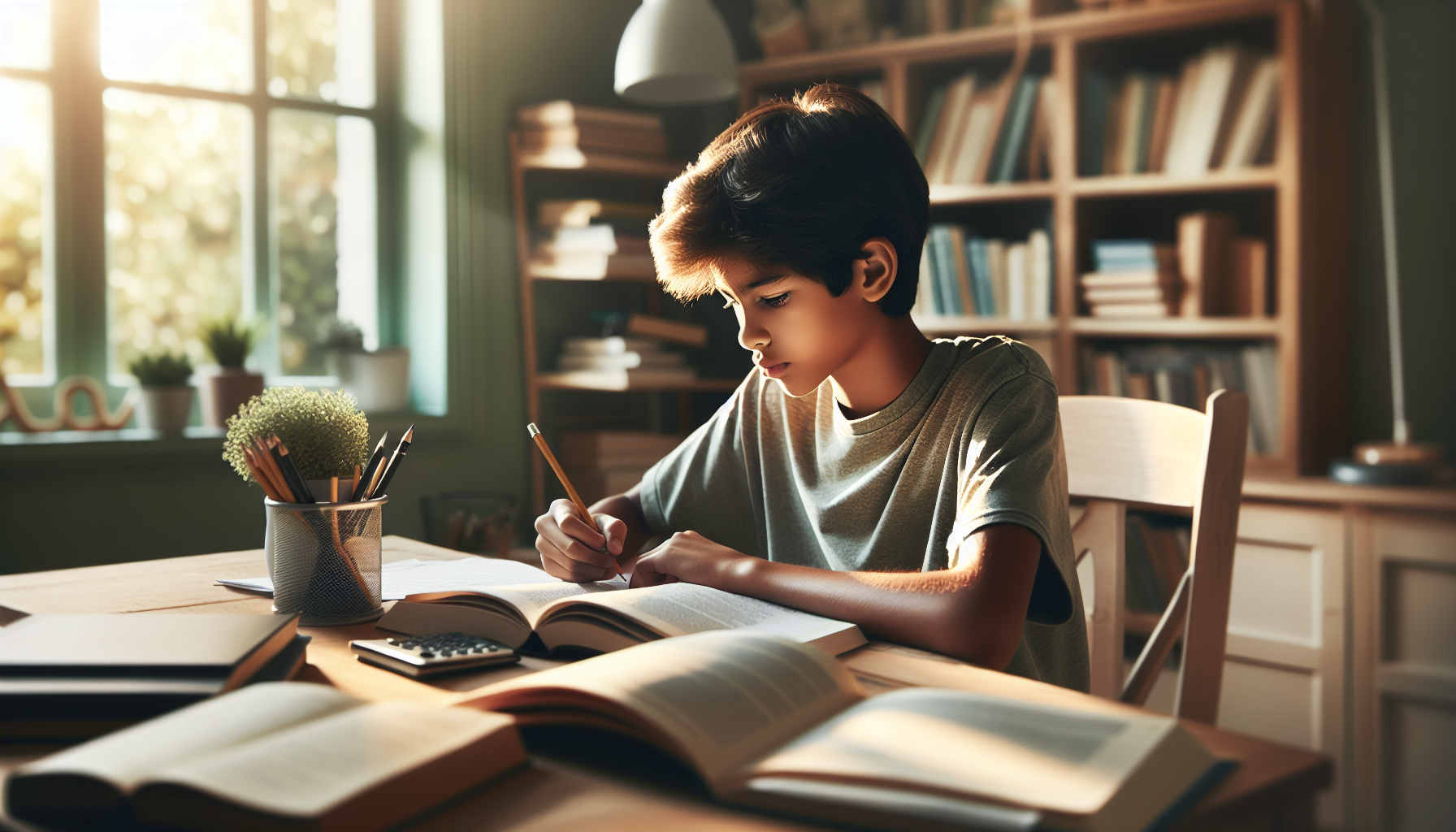 A middle school age child working independently at a home desk with open textbooks and a notebook