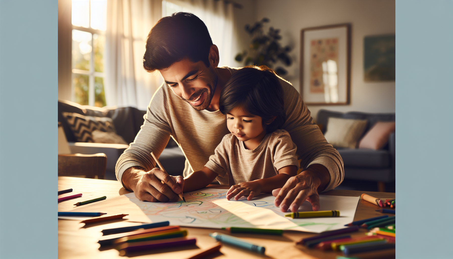 A parent sitting with a young child at a warm bright home table, working through early reading activities together
