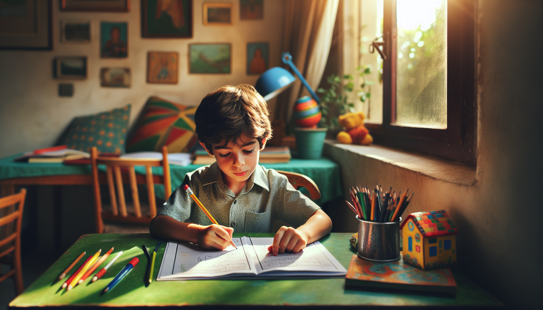 A young child (5-6 years old) working on a simple writing activity at a bright home table with warm natural light