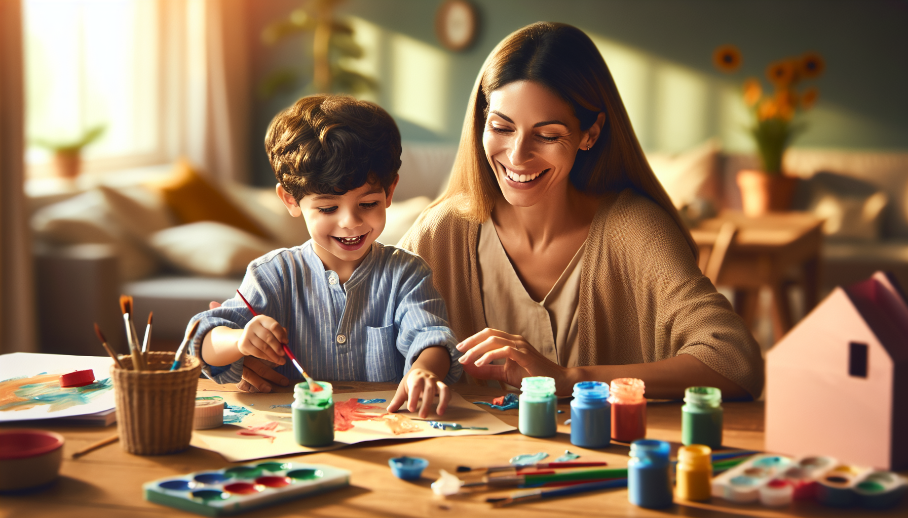 A parent and young child doing a colorful hands-on craft project together at a home table, both engaged and smiling
