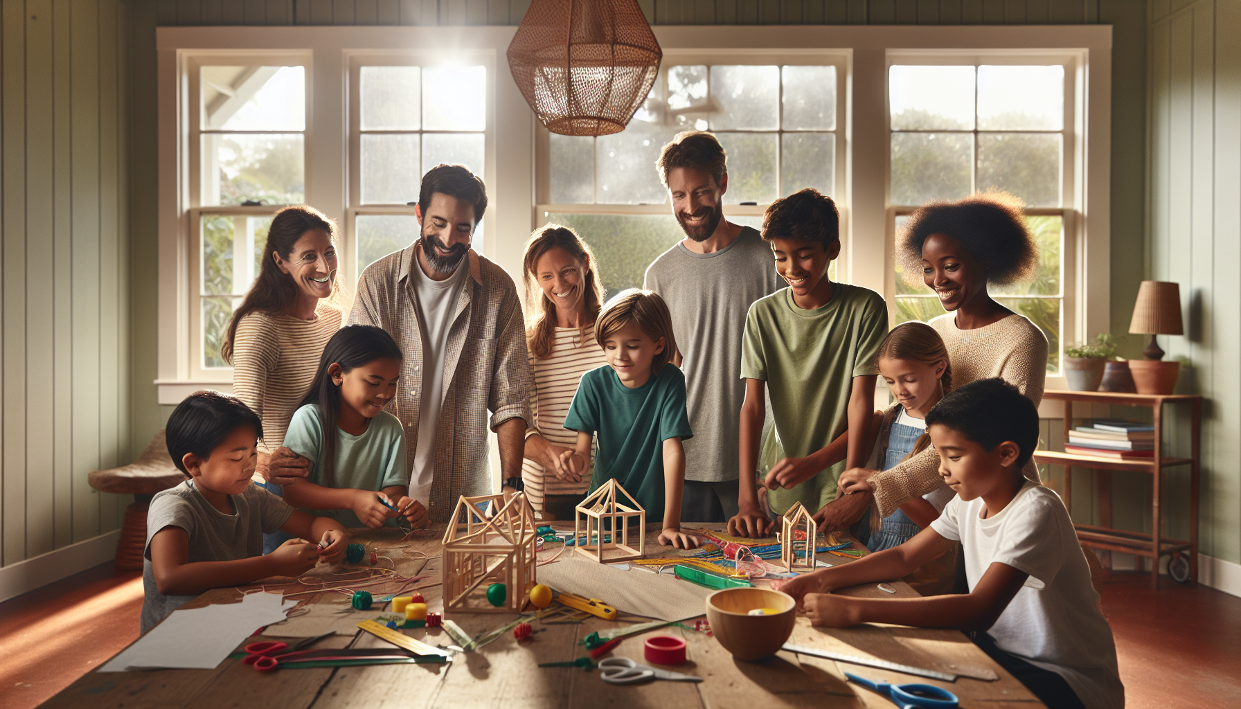 A group of homeschool children and a parent gathered together outdoors on a sunny day, laughing and engaged in an activity