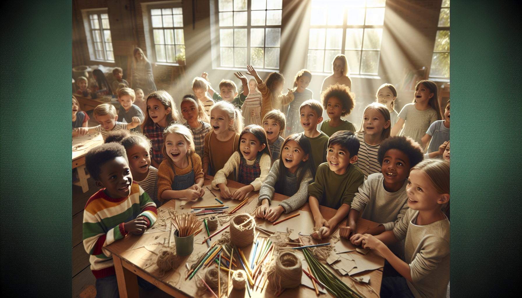 A group of homeschool children and parents gathered around a table together, working on a shared activity with warm smiles