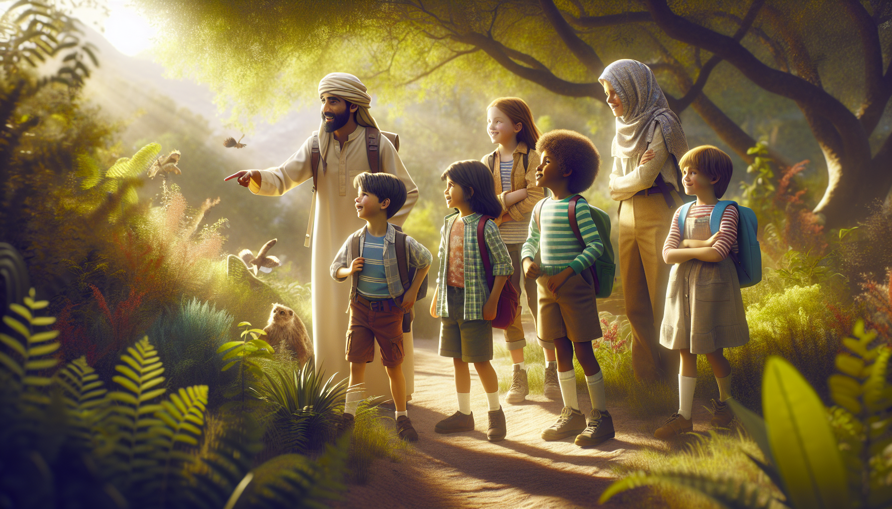 Homeschool children exploring outdoors together on a sunny day, pointing at something in nature with curiosity and excitement