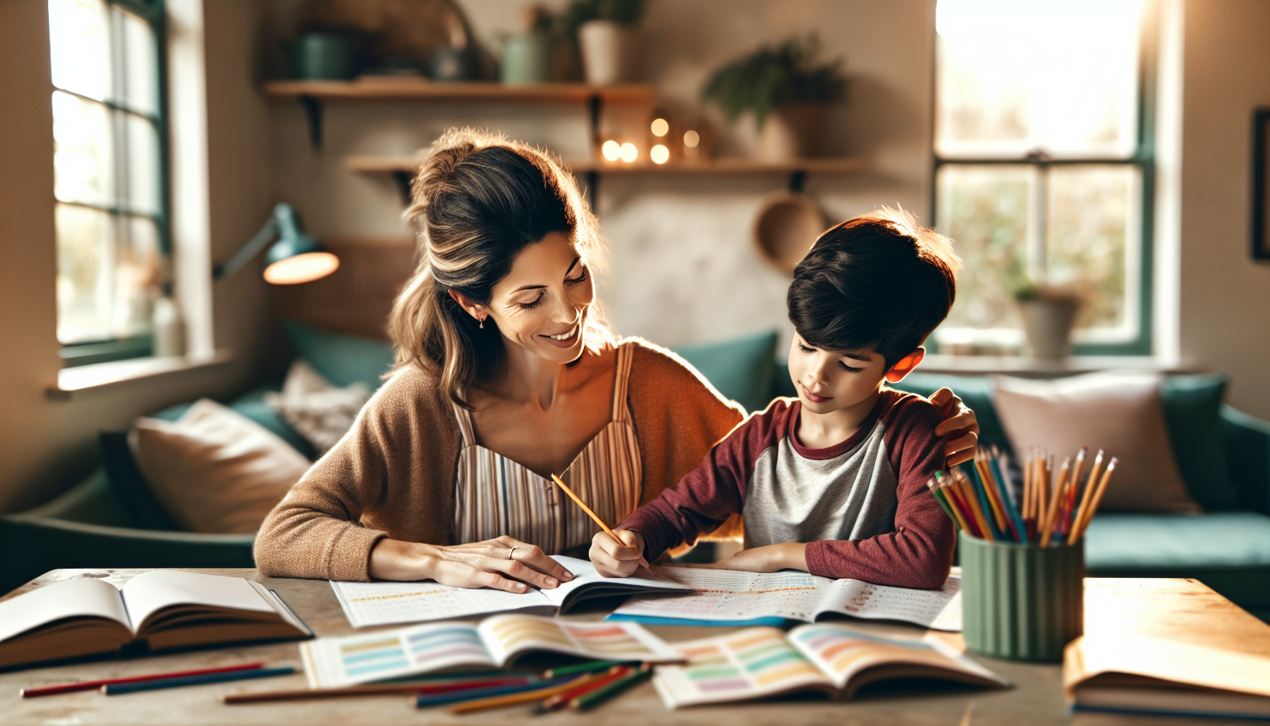 A parent and first-grade child (6-7 years old) working together at a bright home table with open books and colorful learning materials