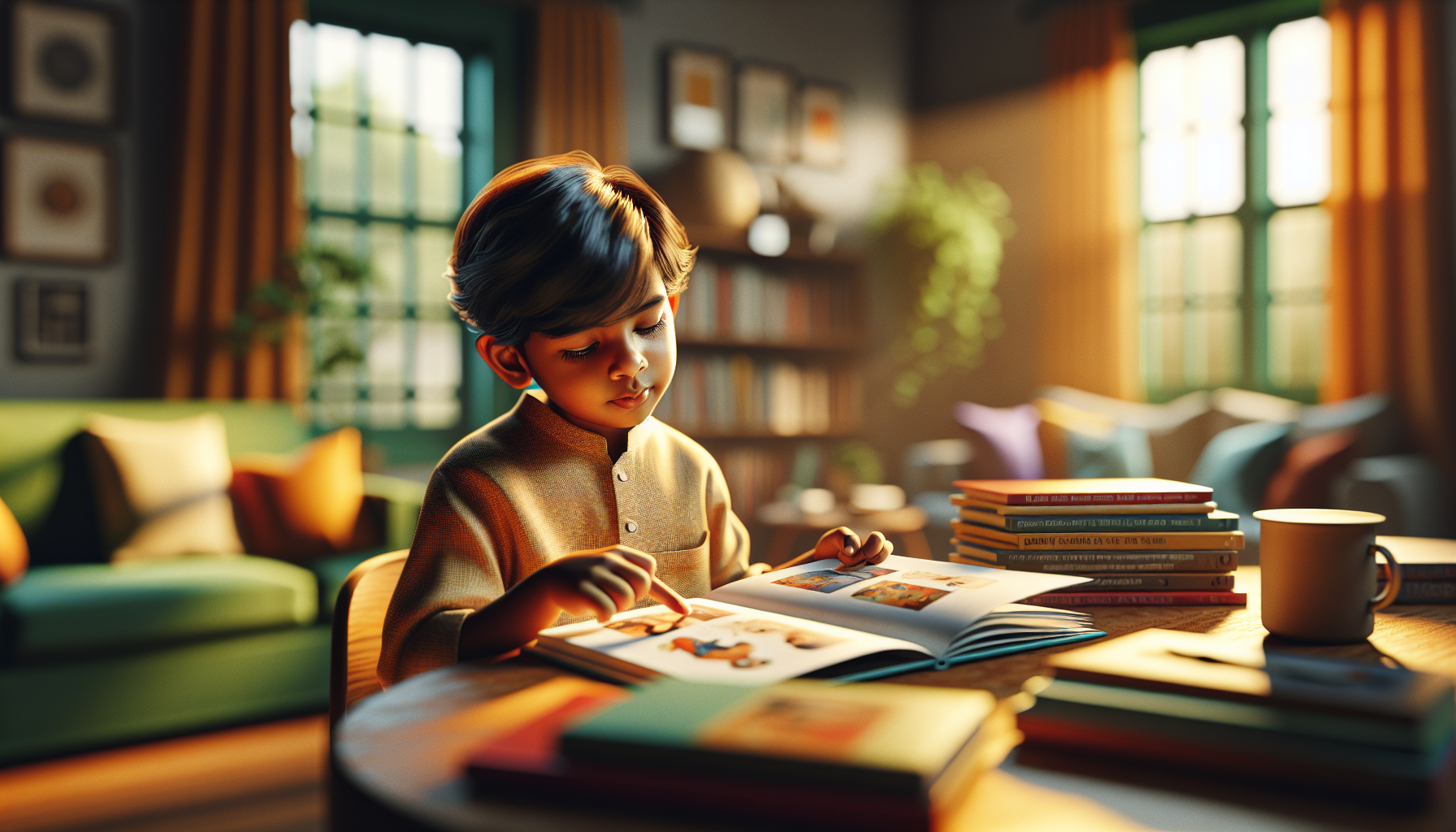 A first-grade child (6-7 years old) reading a simple book independently at a home table, focused and engaged in natural window light