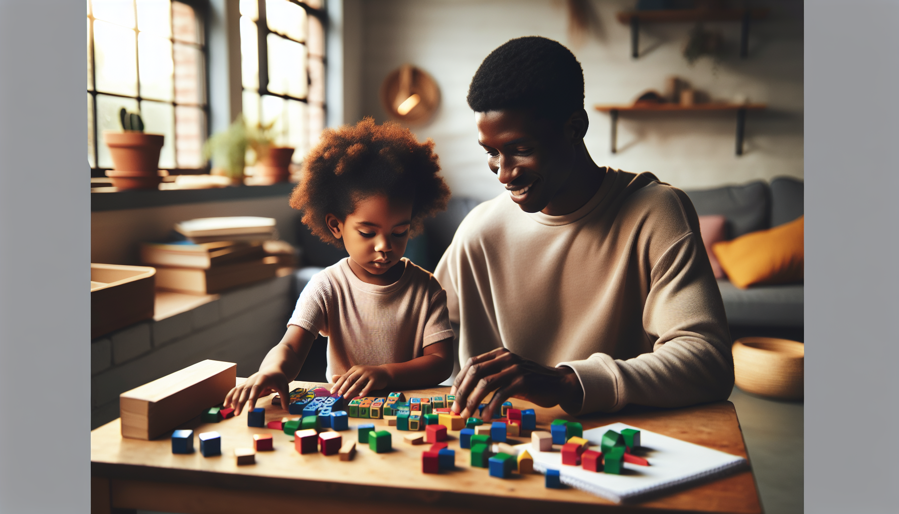 A parent and first-grade child working with colorful counting blocks and math manipulatives at a home table, both engaged and focused