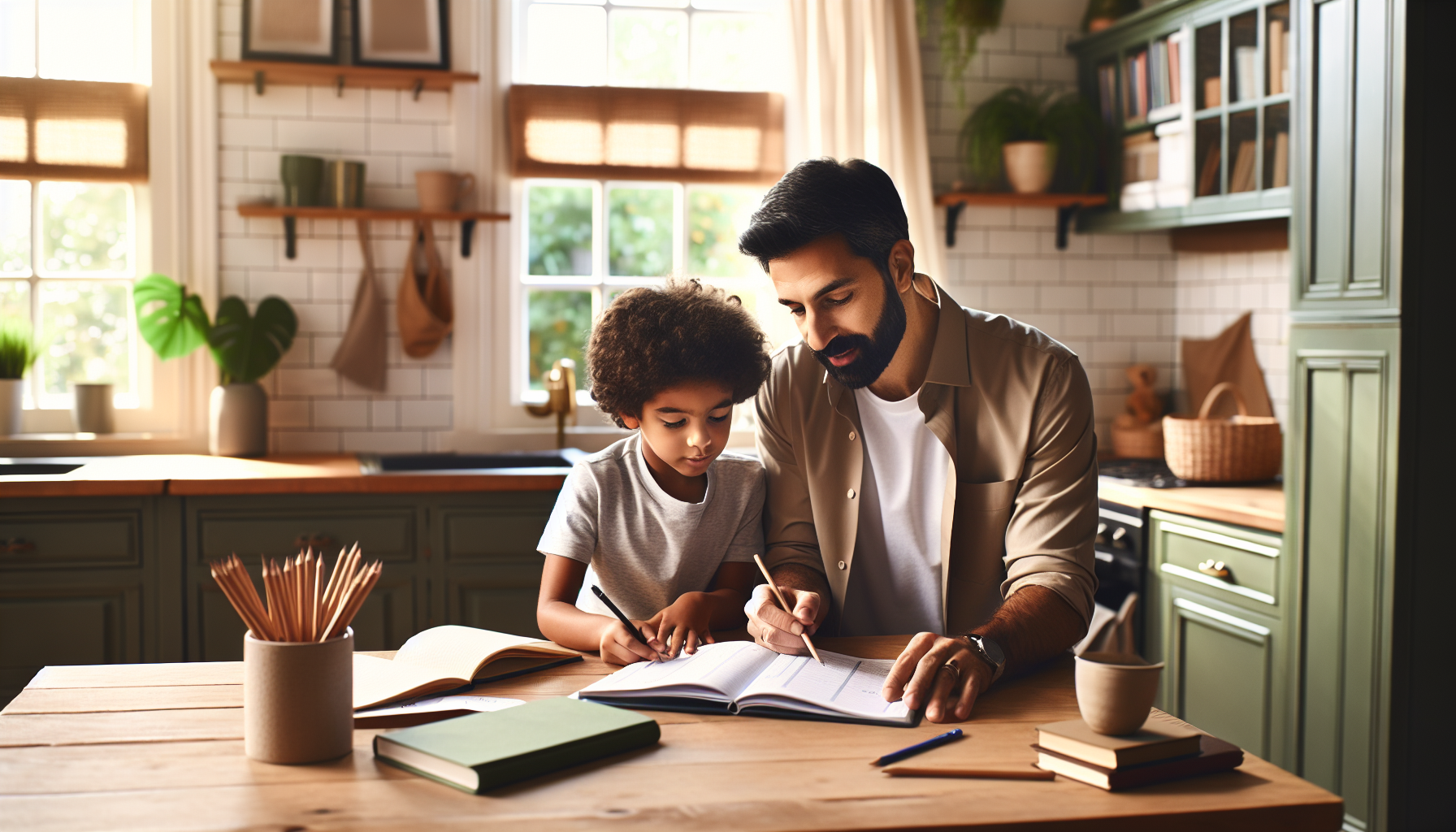 A parent and school-age child reviewing a handwritten daily schedule in an open planner at a bright home table, morning light, warm and organized