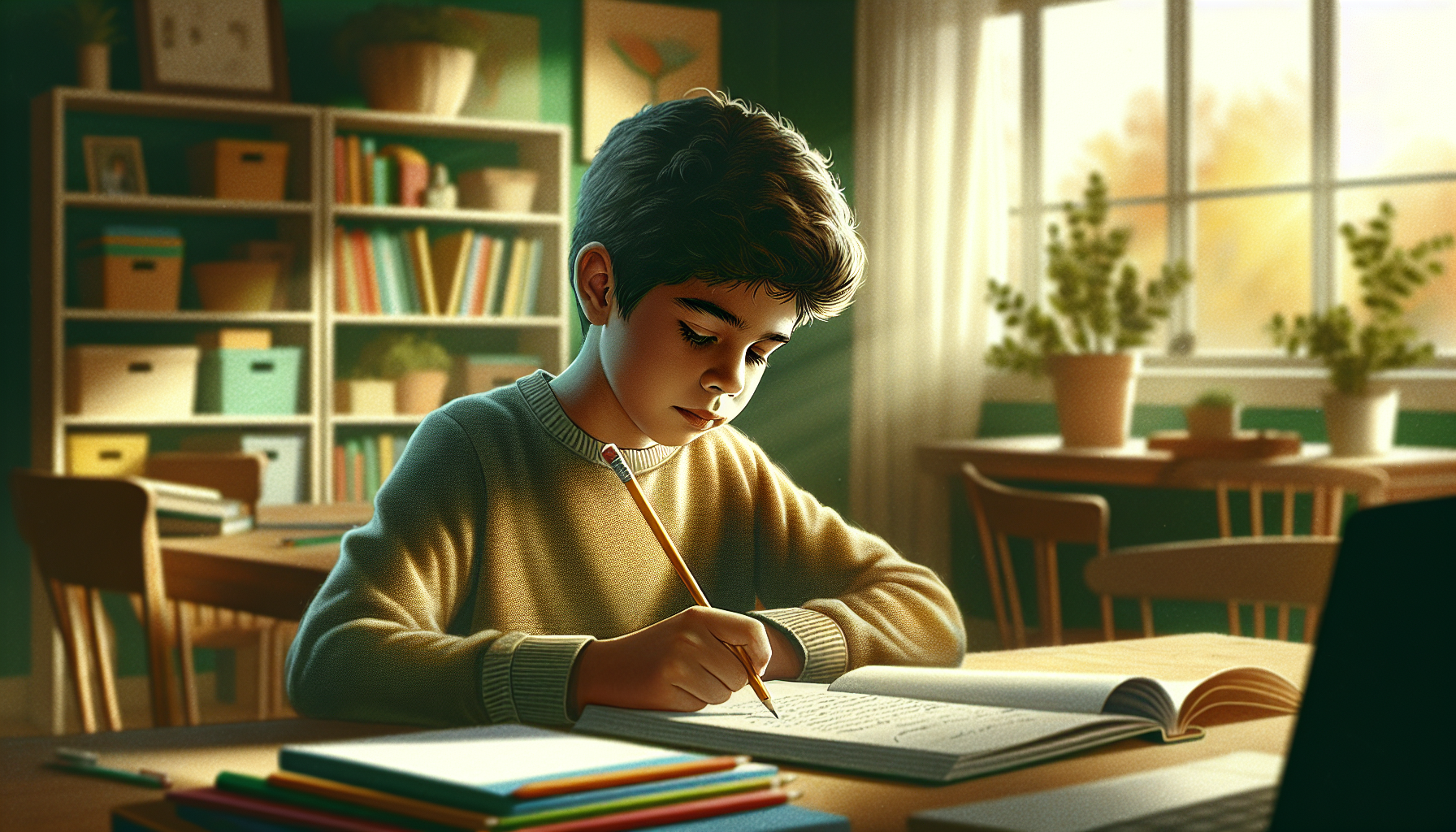 A focused child around age 10 working independently at a bright home desk with open textbooks, pencil in hand, warm natural window light