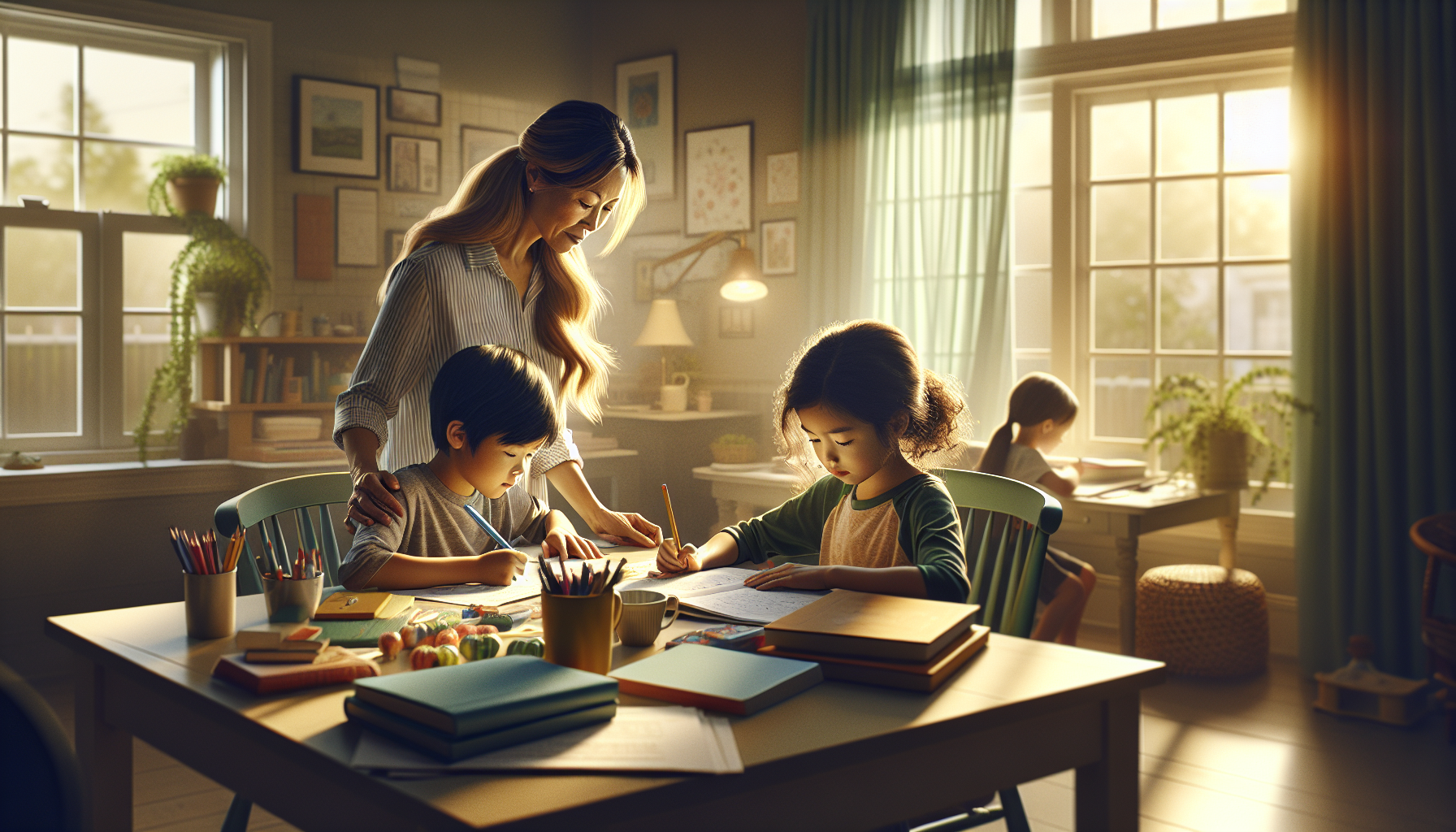 A parent working at a home table with two children of different ages — one doing independent work, one receiving direct instruction — bright morning light, organized home learning space