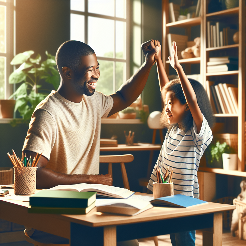 Parent and child high-fiving at a home study desk