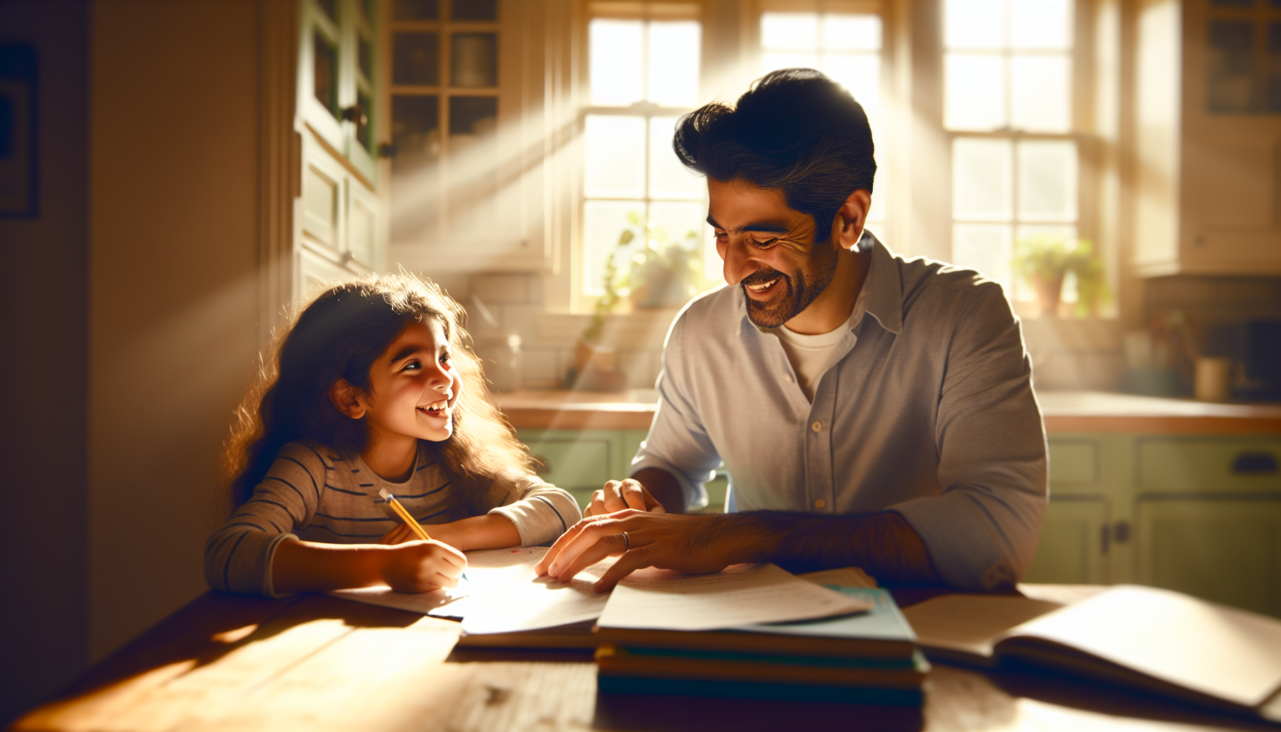 Parent and child studying together at home