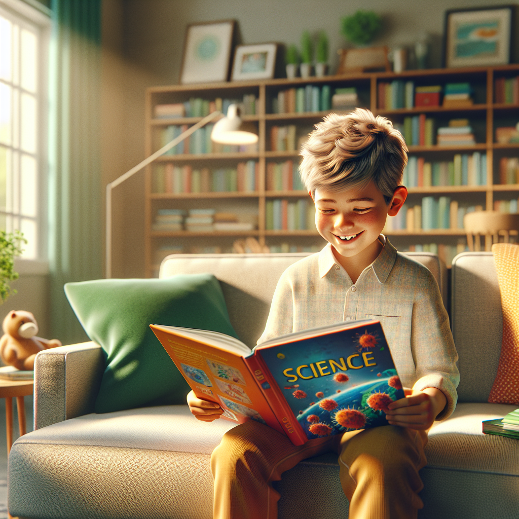 Child reading a colorful science book on the couch