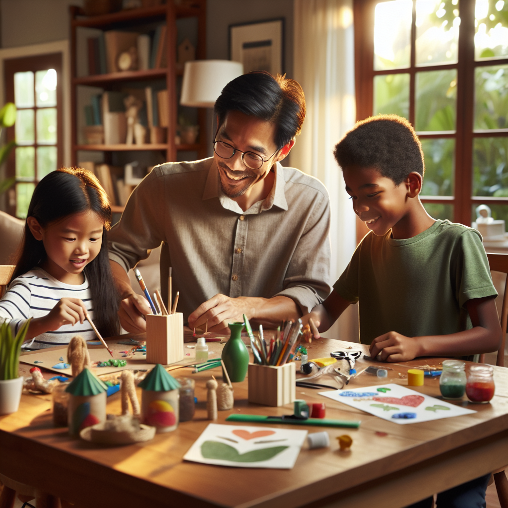 Parent and two children doing a hands-on project at the dining table