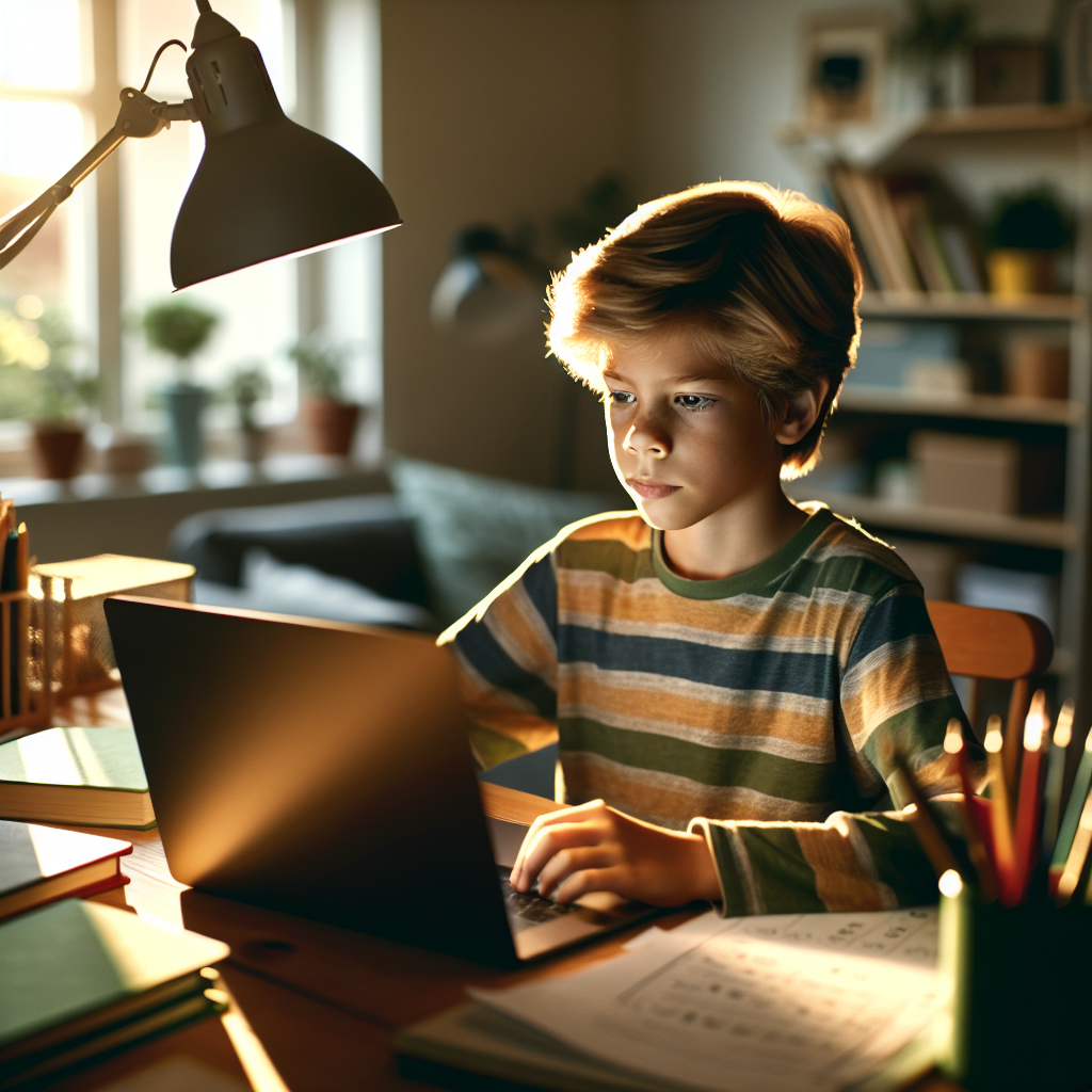 Focused child working on a laptop at a home desk
