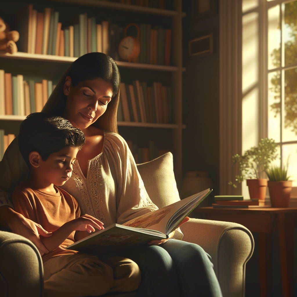 Parent reading aloud to child in cozy reading nook
