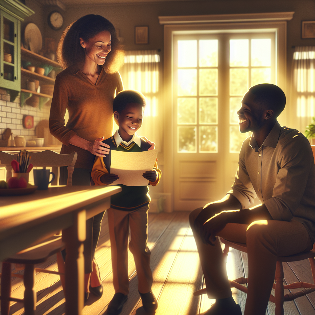 Child proudly showing completed schoolwork to parent at kitchen counter