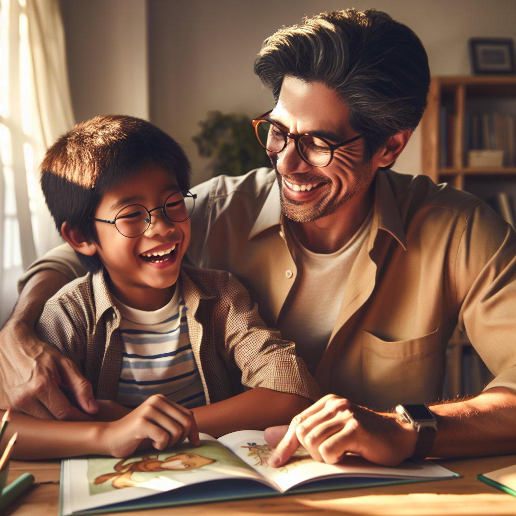 Father and child looking at picture book together with warm smiles